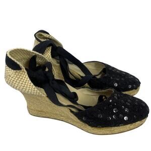 Saks Fifth Avenue, Size 8 Black and Tan Wedge Espadrilles, Lace Up EUC